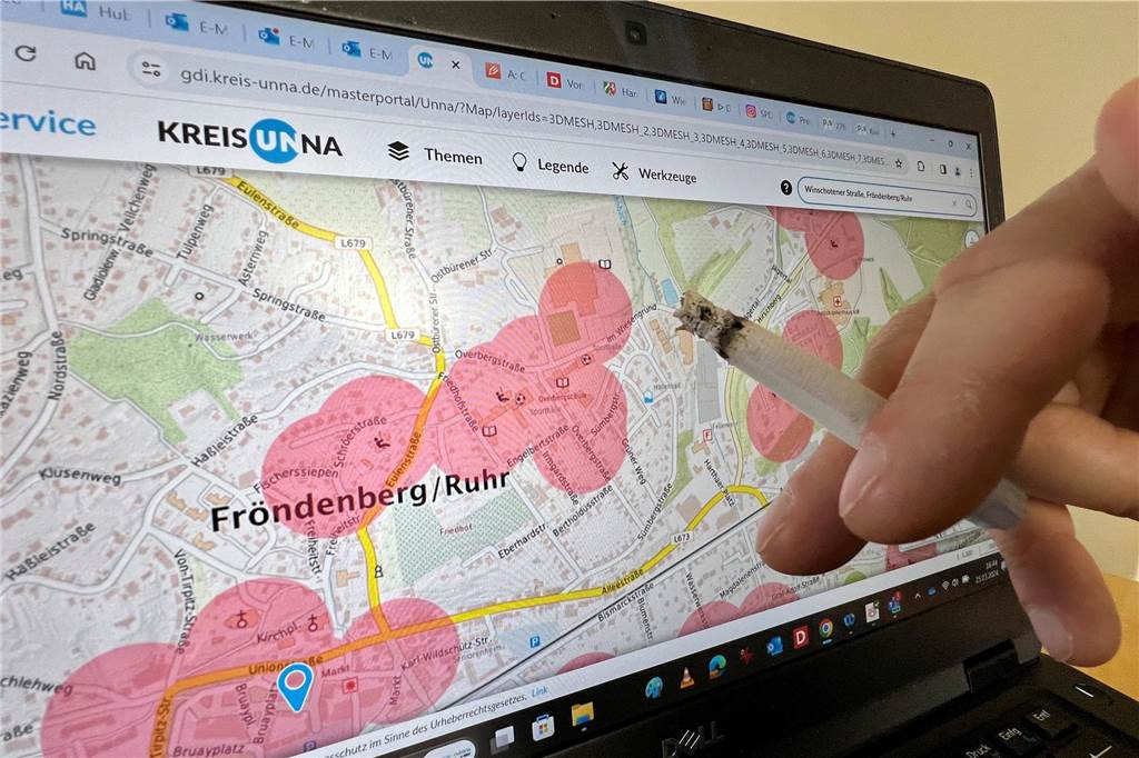 „Rieche ich 50 Meter gegen den Wind“: Wie die Polizei Cannabis-Sünder ermittelt Folgen des Cannabisgesetzes: Auf einer Karte des Geodatenportals des Kreises Unna sind Verbotszonen in Fröndenberg markiert.
