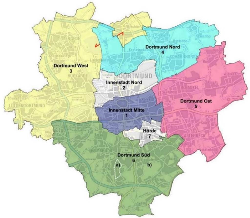 Preise für Wohn-Eigentum in der Nordstadt am stärksten verändert Dortmund-Karte der 7 Zonen zur Betrachtung der Kaufpreisentwicklung.