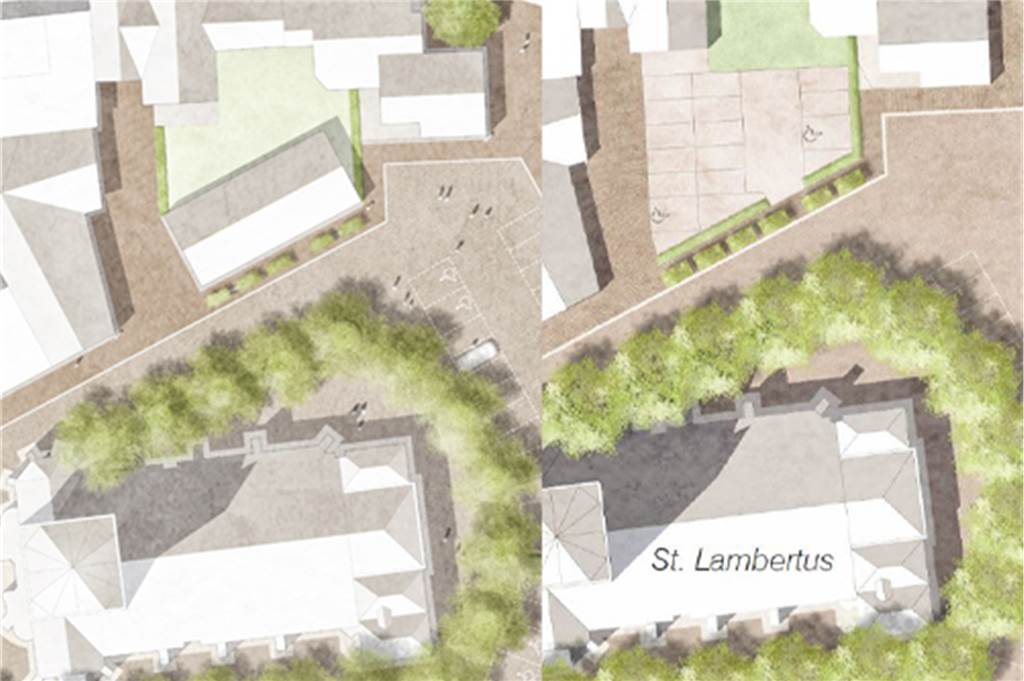 Für die Fläche der ehemaligen Gaststätte Bultmann sind die Pläne noch offen. Das Architekturbüro Lohaus - Carl - Köhlmos hatte in zwei Entwürfen einmal ein Gebäude (l.) und einmal Parkfläche (r.) vorgesehen.