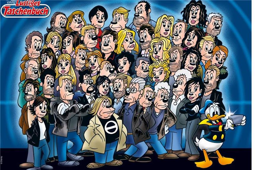 Kommissare ermitteln im „Lustigen Taschenbuch“ Für ein Selfie mit Donald Duck tun sich die „Tatort Kommissare“ gerne zusammen. Foto: © 2018 Disney/Egmont Ehapa Media GmbH