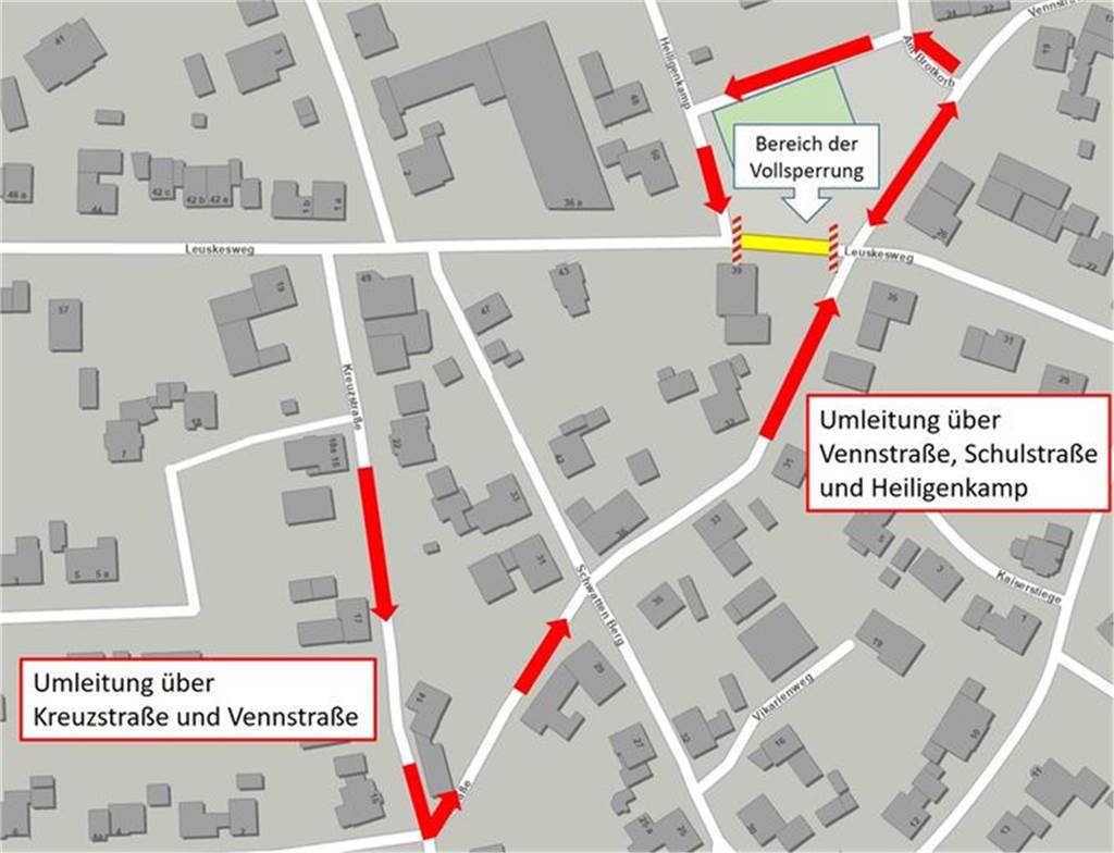 Zweiwöchige Straßensperrung: Grundschulweg wird sicherer gemacht Eine Umleitung auf einer Karte eingezeichnet