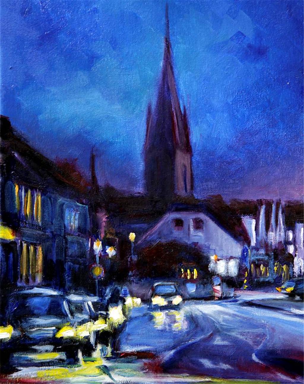 Gemälde der Halterner Innenstadt bei Nacht von Antje Clara Bücker.