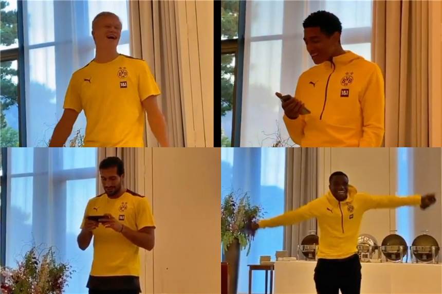 BVB-Aufnahmeritual: Moukoko stiehlt Haaland die Show - Can trickst Gesangseinlage vor Publikum: Erling Haaland, Jude Bellingham, Emre Can und Youssoufa Moukoko.