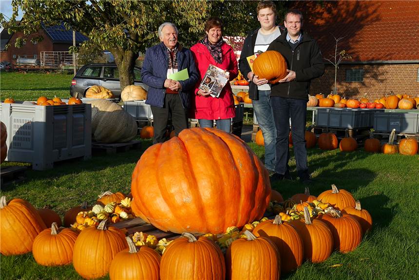 Kürbisfest auf Hof Hülsmann: Der dickste Kürbis bringt 177 Kilogramm auf die Waage Gewonnen haben beim Kürbisfest (v.l.) Heinrich Mangels (1. Preis), Gabi Kreisel (3. Platz) und Jonas Hoselmann (2. Preis). Veranstalter Benedikt Hülsmann (r.) hatte zum Schätzen des Atlantic Giant’s eingeladen. Er wog 177 Kilogramm.