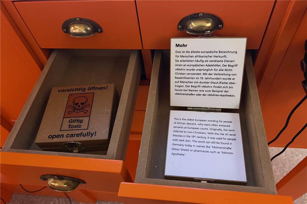 Kunst mit dem Z-Wort: Gut, dass wir diese Ausstellung mitfinanzieren In einer ausgezogenen Schulbladen eines "Gift-Schrankes" in der Ausstellung "Blicke Körper Distanz" im LWL-Museum für Kunst und Kultur in Münster über den Maler Otto Mueller liegt ein Textblock mit der Erläuterung des Begriffes "Mohr".