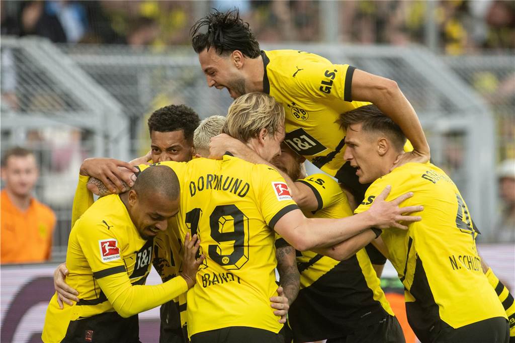 Die BVB-Spieler bejubeln den Sieg gegen Wolfsburg.