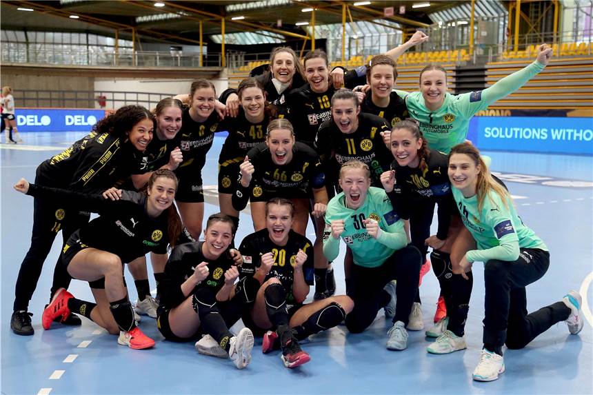 Champions-League-Krimi! Borussia Dortmund entscheidet das Spiel erst elf Sekunden vor Schluss Großer Jubel nach dem Champions-League-Sieg gegen Podravka Vegeta.