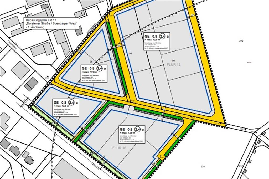 Grün markiert sind im Bebauungsplanentwurf zur Erweiterung des Erler Gewerbegebiets die bestehenden Wallhecken, nach denen sich die Straßenführung und die Grundstückszuschnitte orientieren.