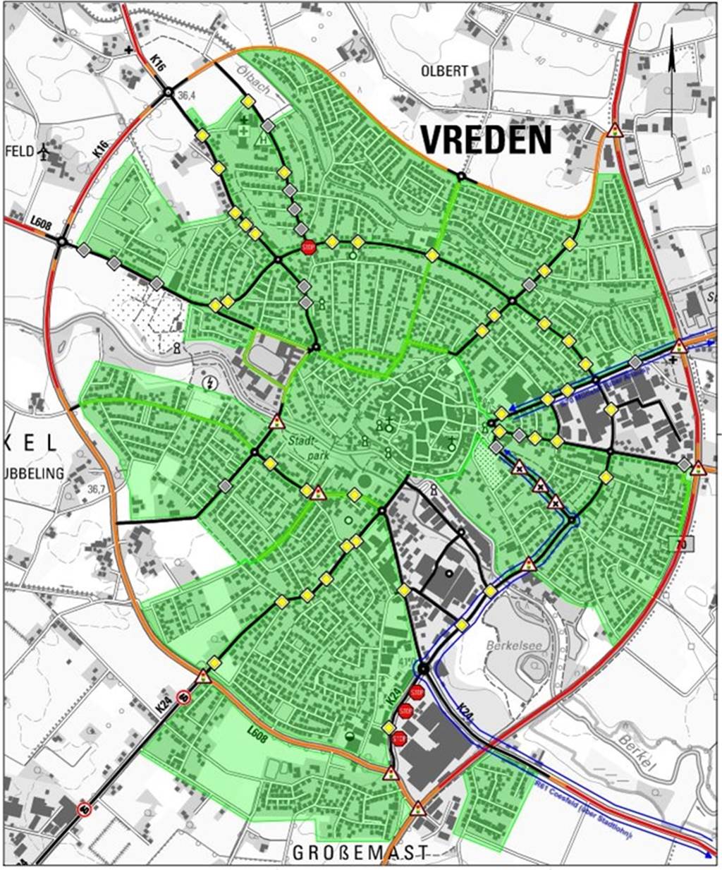 Grün markiert sind Tempo-30-Zonen und verkehrsberuhigte Bereiche. Auf den schwarzen Strecken gilt noch Tempo 50. Orange steht für 70 km/h als zulässige Höchstgeschwindigkeit und Rot für 100.