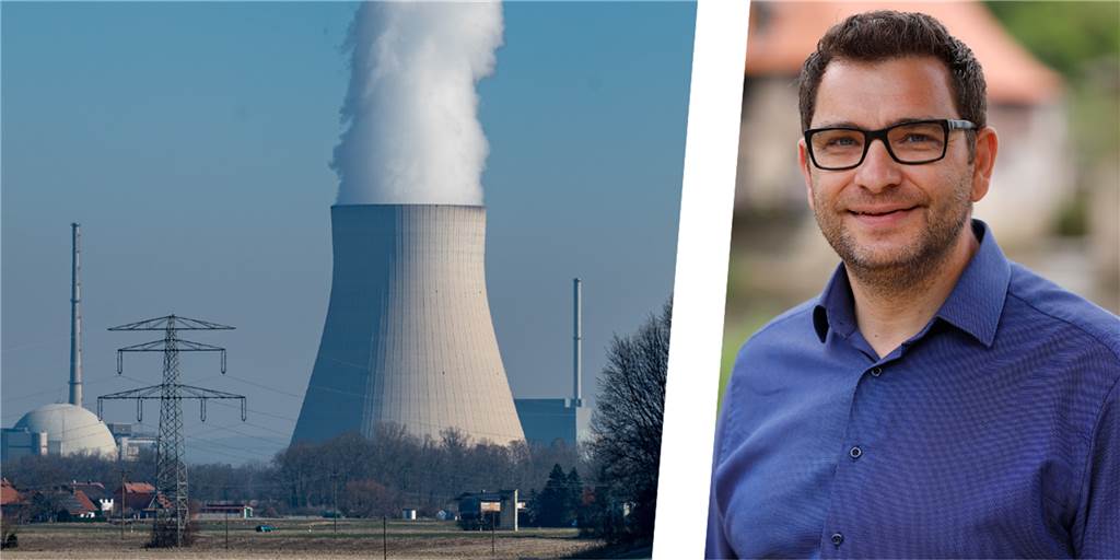 Grüne in Olfen zu AKW-Forderungen: „Gefährlich und unverantwortlich“ Der Kühlturm eines Atomkraftwerks wirft weißen Wasserdampf aus, daneben abgebildet ist Ralf Wozniak, Sprecher der Grünen in Olfen.