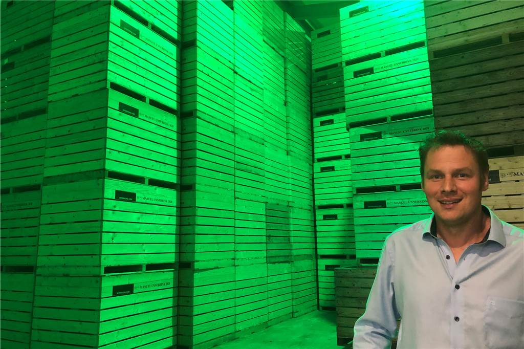 Grünes Licht gibt es in der Halle, wo die Kartoffeln gelagert werden. „Damit die Kartoffeln nicht grün werden", sagt Manuel Unnebrink-Bramert. Jede der Kisten im Hintergrund fasst übrigens 1,2 Tonnen Kartoffeln.