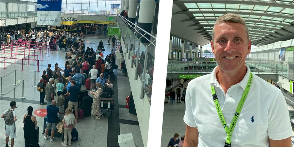 Ferienstart: Flughafen Dortmund übernimmt Passagiere aus Düsseldorf Montage: Warteschlange am Flughafen Dortmund / Portrait-Foto von Guido Miletic vom Flughafen Dortmund