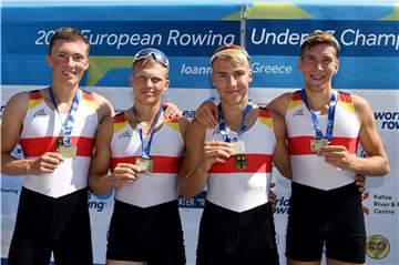 Hendrik Winkel (v.l.) hat mit dem deutschen Leichtgewichts-Doppelvierer Gold bei der U23-EM in Griechenland geholt und damit ein weiteres Erfolgskapitel in der Geschichte des RV Dorsten geschrieben.