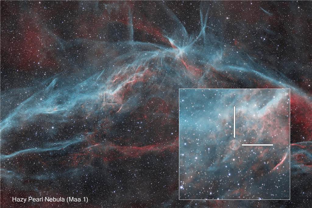Salie’s und Hazy Pearl Nebula: Peter Maasewerd entdeckt Objekte im Weltall Hier ist der Hazy Pearl Nebel zu sehen (rechter Ausschnitt), der sich im Supernova-Überrest befindet.