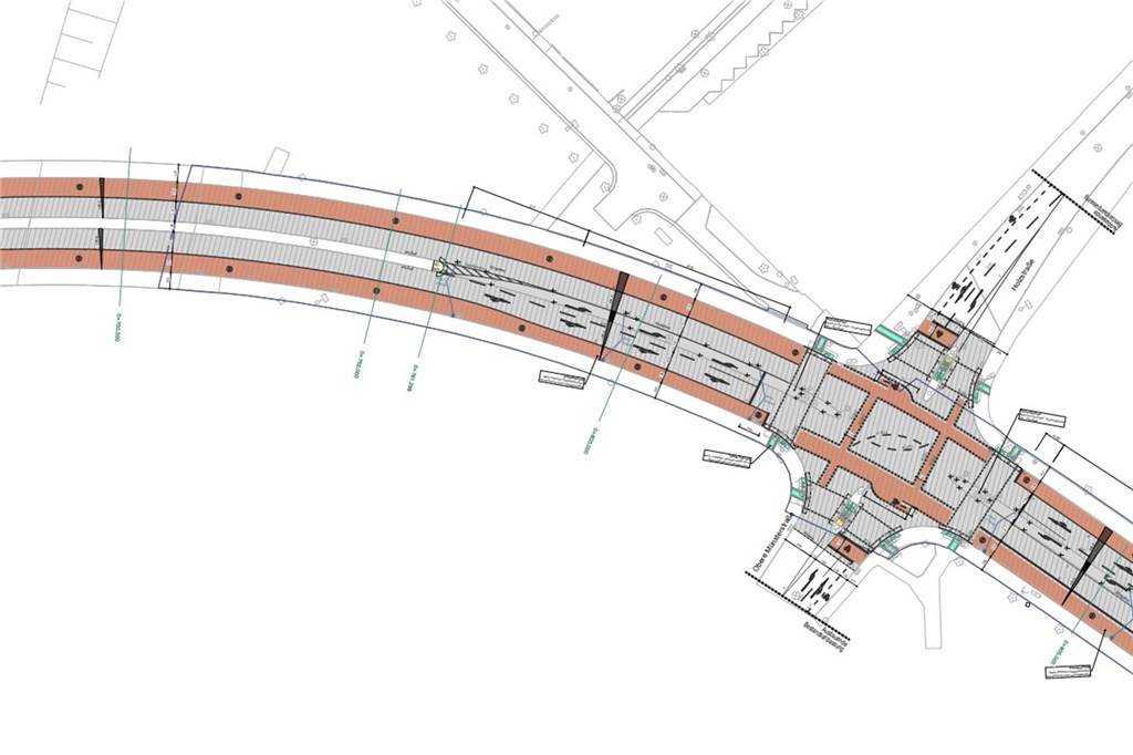 Hier ist die Kreuzung mit der Holzstraße visualisiert. Die Radfahrer werden viel Platz haben, hier den Altstadtring in Richtung Erin-Park runterzusauen oder zum Engelsburgplatz hoch. Auch in den Kreuzungen wird die rote Markierung fortgeführt.