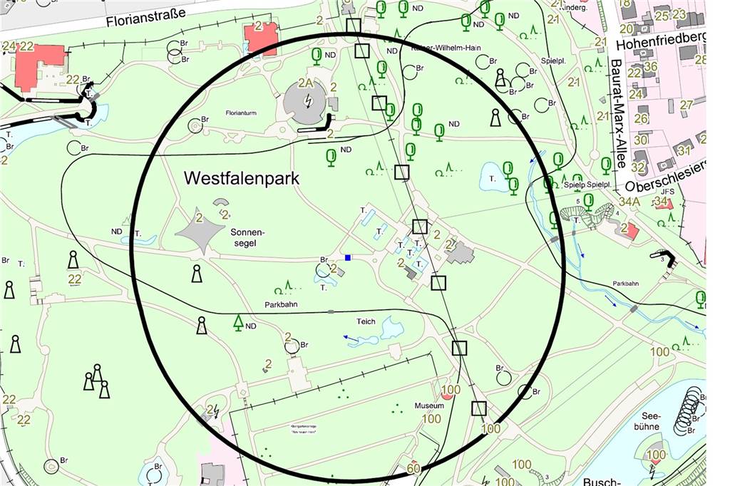 Wieder Bombenfunde in Dortmund - vier Blindgänger sind entschärft Hier, mitten im Westfalenpark, wurden die Bombenblindgänger, gefunden. Der Kreis zeigt den Evakuierungsradius von 250 Metern an.