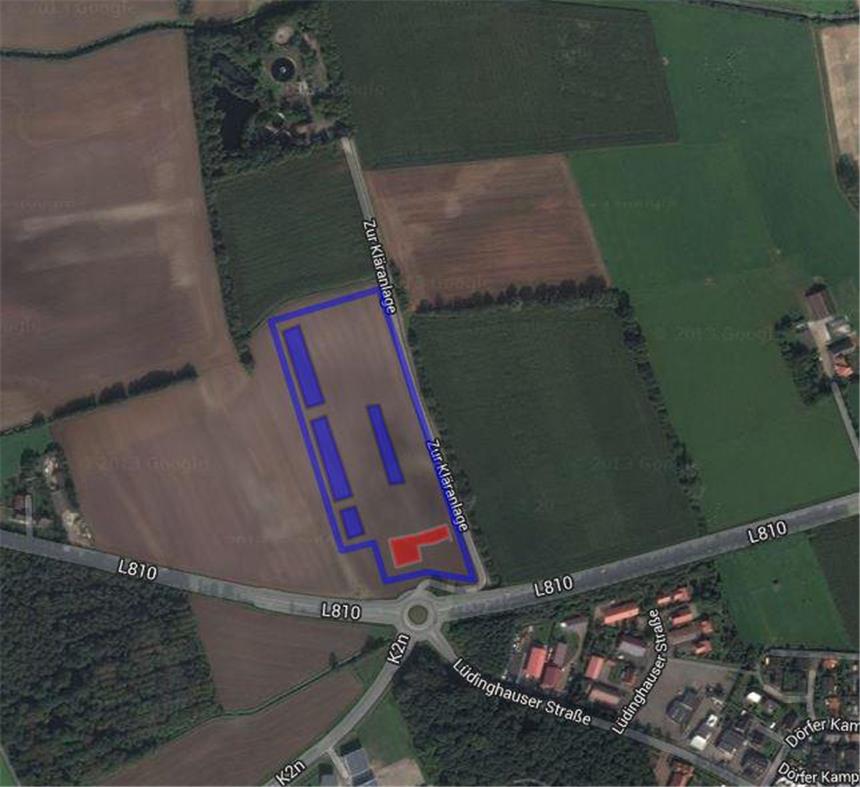 Anwohner haben Einwände gegen Neubau Hier soll der Neubau der Firma Venneker gebaut werden. Die blau eingezeichneten Flächen sollen die Logistikhallen werden, der rote Distrikt ist für die Verwaltung bestimmt.