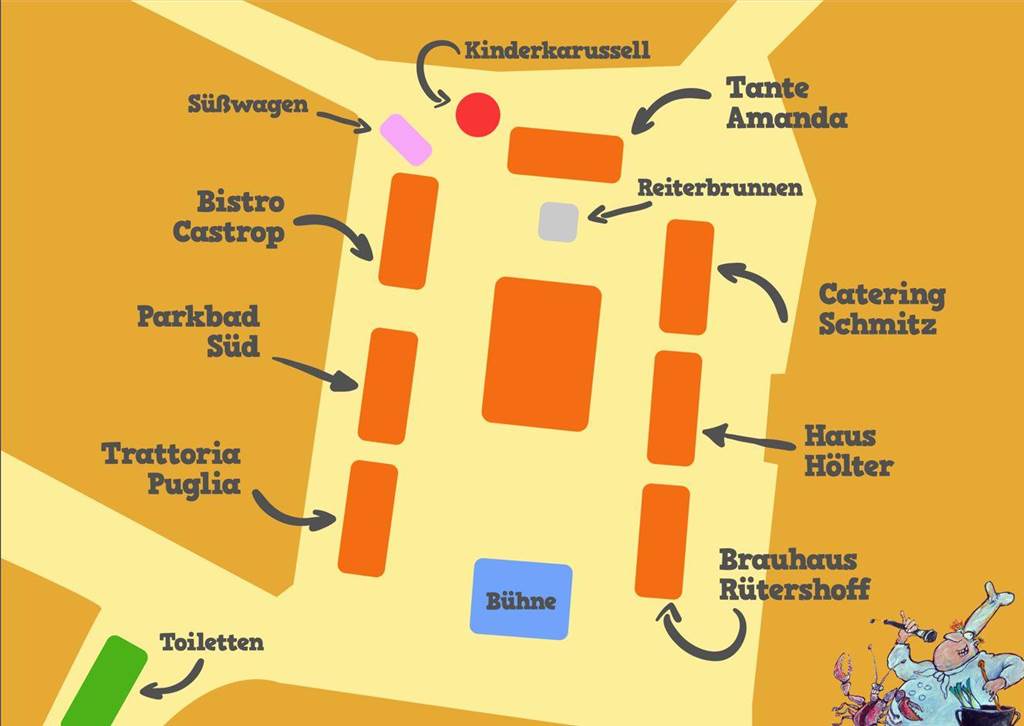 So wird der Marktplatz bei „Castrop kocht über“ aussehen Hier stehen die Gastronomen in diesem Jahr bei Castrop kocht über. Sechs Gastronomen sind 2024 dabei.