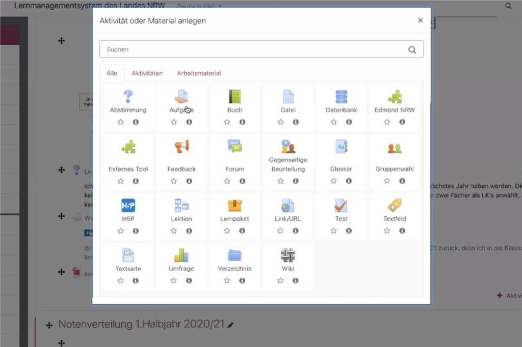 Hinter dem Button "Aktivitäten und Materialien anlegen" verbergen sich bei Logineo viele verschiedene Aufgabenvarianten für Schüler.