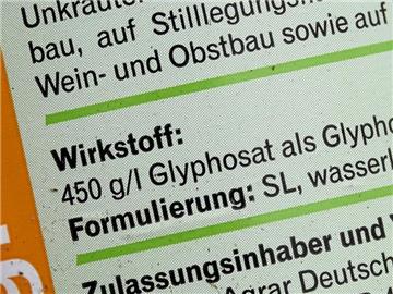 Hinweis auf den Wirkstoff Glyphosat auf einer Flasche mit Unkrautvernichtungs- und Pflanzenschutzmittel Roundup zu sehen. Foto: Carsten Rehder