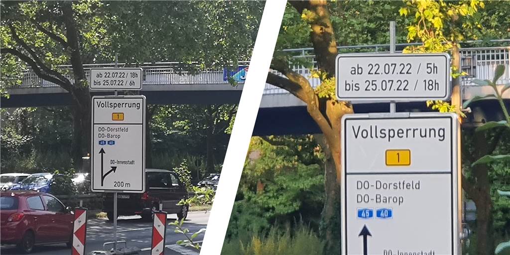 Sperrung: Hinweistafeln auf der B1 sorgten kurzzeitig für Verwirrung Hinweisschilder an der Bundesstraße 1 kündigten unterschiedliche Uhrzeiten für die Sperrung am Wochenende an. Montage: Nils Stachowiak