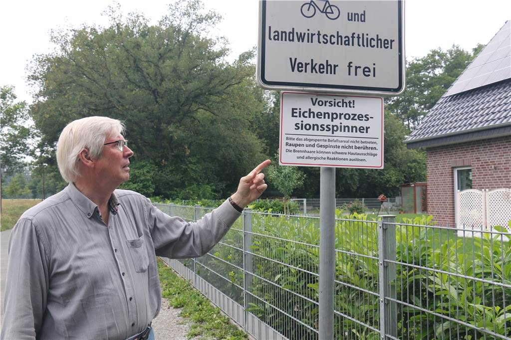 Stark befallene Allee wird endlich von Eichenprozessionsspinnern befreit Horst Löscher zeigt ein Hinweisschild, das am Eingang der Allee hängt. Die Schilder werden wohl auch nach der Behandlung der Bäume noch zu sehen sein.