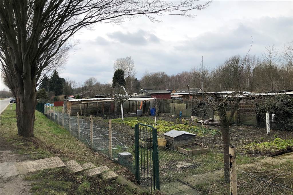 Hütten, Unterstände, Gewächshäuser, die Parzellen an der Victorstraße sind häufig bebaut, an manchen Stellen stehen die Bauten dicht aneinander.