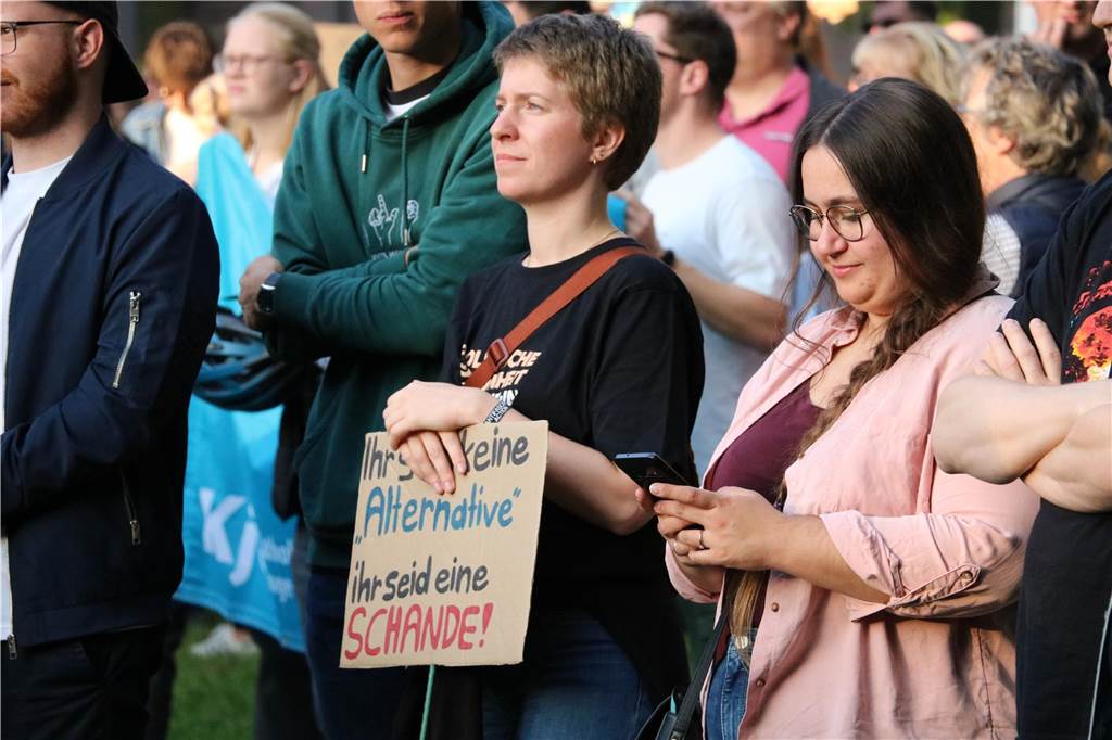 Hunderte Bürger demonstrierten während der Kundgebung mit bunten Plakaten gegebn die AfD. 