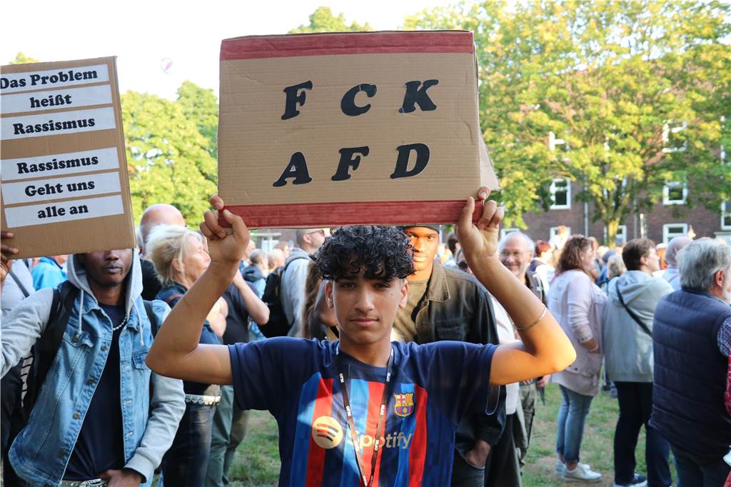 Hunderte Bürger demonstrierten während der Kundgebung mit bunten Plakaten gegebn die AfD. 