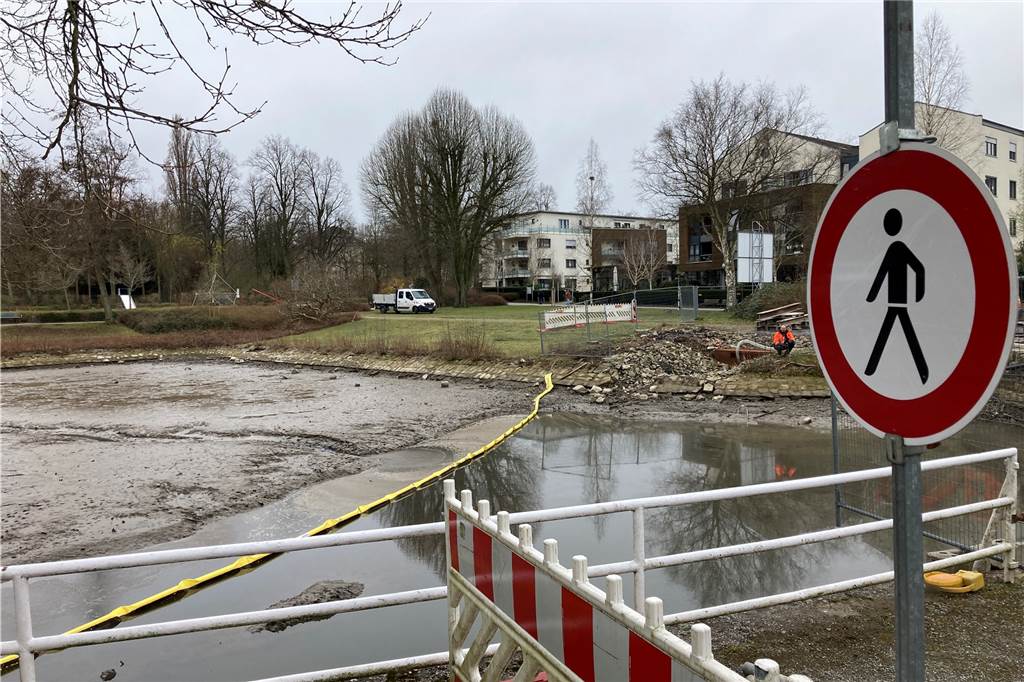 Gondelteich ohne Wasser: EUV-Chef Michael Werner beruhigt Spaziergänger Im Bereich der Schillerstraße soll im Gondelteich ein sogenanntes "Mönchsbauwerk" angelegt werden.