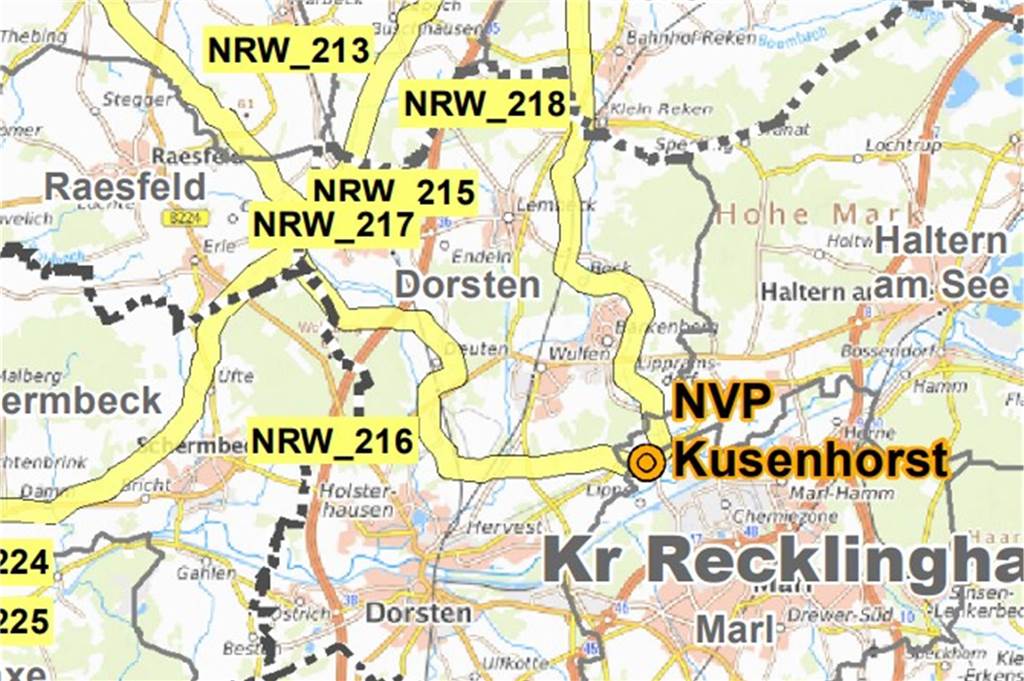 Stromtrasse berührt wohl nur einen Zipfel des Stadtgebiets Karte mit Verlauf Stromtrasse Windader West im Raum Haltern am See.
