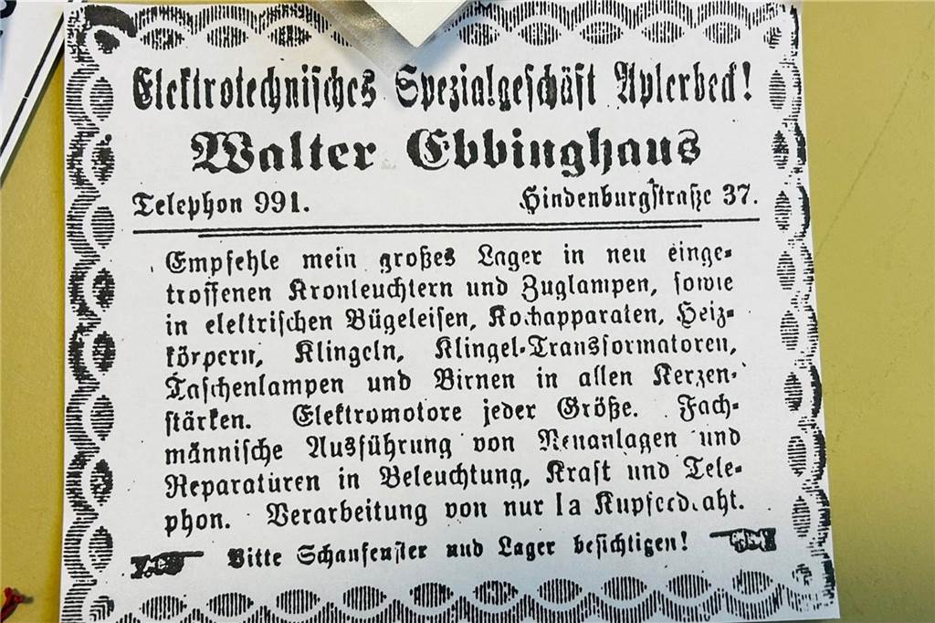 Geschichtsverein stellt 100 Jahre alte Werbeanzeigen aus Elektrotechnisches Spezialgeschäft in Aplerbeck
