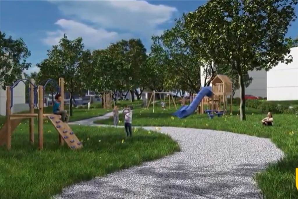 Ein Spielplatz mit vielen Kindern und Bäumen stehen inmitten des geplanten Wohnquartiers, im Hintergrund sind Mehrfamilienhäuser zu sehen.
