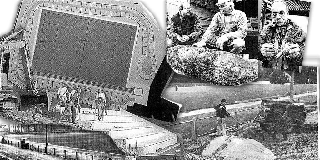Castrop-Rauxeler Stadion wurde um 90 Grad gedreht Im Jahr 1967 wurde die Ickerner Glückauf-Kampfbahn renoviert (Bild unten rechts). Danach war sie eine Arena mit Stehrängen , die durch Kantsteine gehalten wurden (unten links). Im Jahr 1999 wurden Pläne zum Umbau mit einem Kunstrasenplatz und einer Sitztribüne (Bild links oben) aufgestellt und nach mehreren Bombenfunden (r.) umgesetzt.