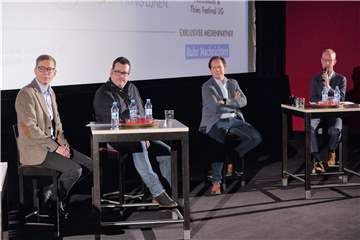 Im Kino 3 diskutierten Experten über die Zukunft des Kinos angesichts der Streamingdienste. Mit dabei waren u.a. Benjamin Bach von Sky (v.l.), Cineworld-Betreiber Lutz Nennmann, Philipp Hoffmann von Video on Demand und Moderator Torsten Zarges.