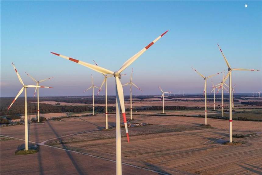 Rabatt bei EEG-Umlage: Mehr Strommengen beantragt Im letzten Licht der tief stehenden Abendsonne werfen Büsche und Bäume lange Schatten zwischen die Windräder eines Windenergieparks. Foto: Patrick Pleul