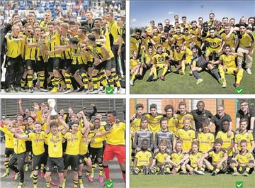 Im Nachwuchsbereich des BVB wurde in dieser Spielzeit viel gefeiert. Die U19 ist neuer Deutscher Meister (o.l.). Die U17 gewann die Bundesliga West und scheiterte erst im DM-Finale (o.r.). Die U15 endete in der Regionalliga auf Platz eins (u.l.). Die U14 marschierte nur so durch den Nachwuchscup (u.r.). 