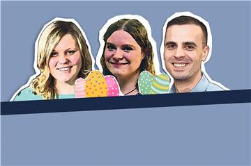 Im Podcast von Marie Rademacher (v.l.), Sabine Geschwinder und Karim Laouari geht es dieses Mal um Ostern.