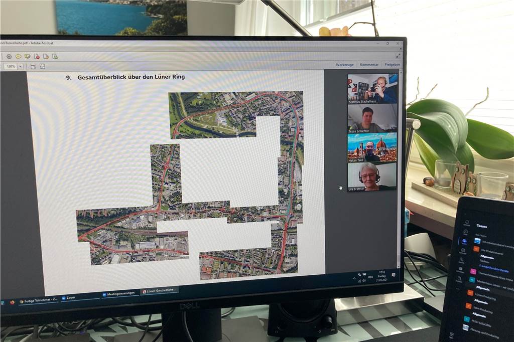 Ringverkehr in Lünen: Weniger Stau für Autos, mehr Platz für Fahrräder? Im Pressegespräch, coronabedingt als Video-Konferenz, präsentierten Ute Brettner (u.), Hakan Takil (m) und Tessa Schächter (2. v. o.) das Verkehrskonzept der Grünen für die Lüner Innenstadt.