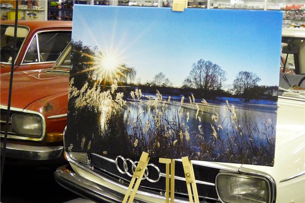 Im Stadtlohner Siku-Museum bilden Naturaufnahmen von Dorothe Höing einen reizvollen Kontrast zu den Oldtimer-Autos und Modellen. Hier die „Blaue Stunde“ am Berkelsee in Vreden“.