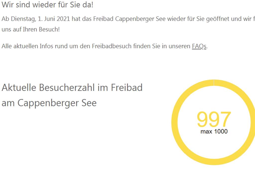 Freibad Cappenberger See reagiert auf Hitze und sorgt für Verwirrung Im Verlaufe des Tages wurde die Anzeige angepasst: Nun sind bis zu 1000 Badegäste im Freibad Cappenberger See erlaubt.
