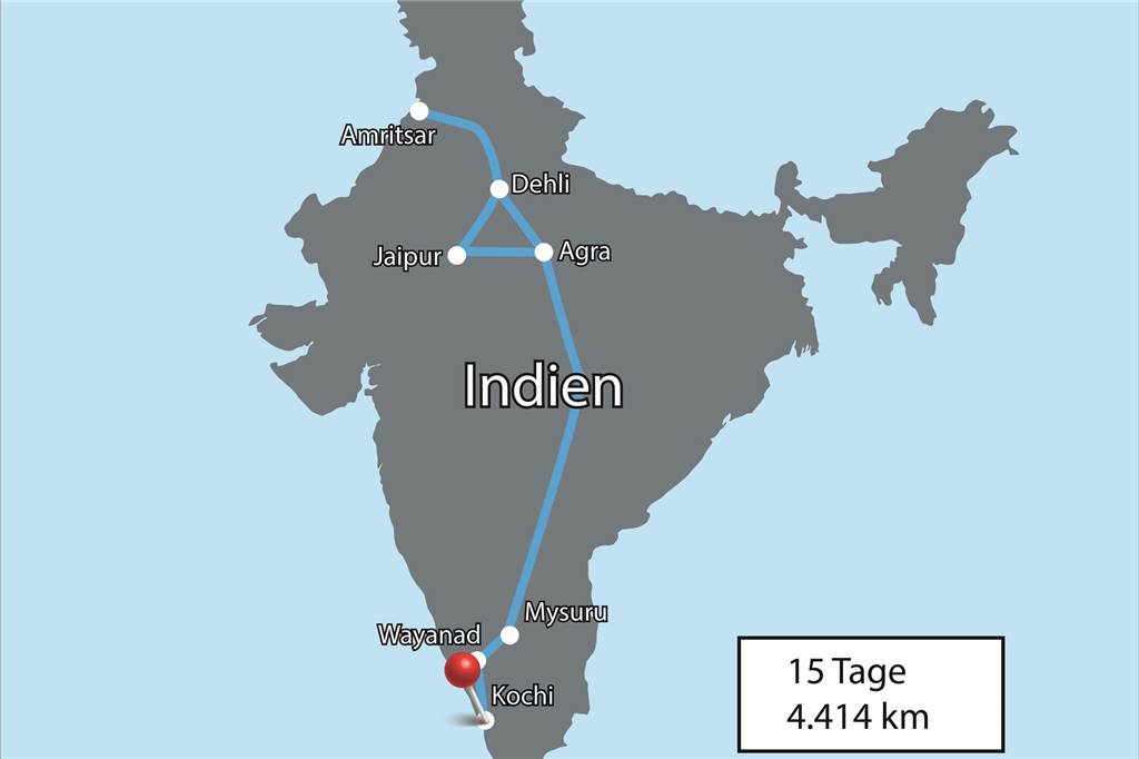 Pilgerreise durch Indien: Pater Periya nimmt Gemeinde mit In 15 Tagen soll mit Flugzeugen, Reisebussen und Zügen eine Strecke von 4.414 Kilometer quer durch Indien zurückgelegt werden.