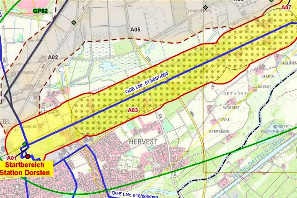 Wasserstoffleitung geht jetzt in die Detailplanung In dem gelb markierten Korridor soll die geplante Wasserstoffleitung Dorsten-Marl auf Dorstener Stadtgebiet verlaufen. Hauptsächlich entlang der Bahntrasse.