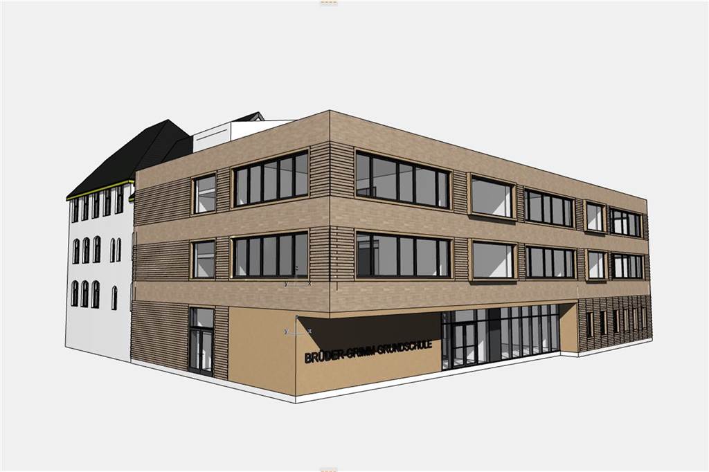 Baustelle an der Brüder-Grimm-Schule ruht: Wann ist der Erweiterungsbau fertig? In dem neuen Forum der Brüder-Grimm-Schule finden eine Kombination aus Mensa und Aula und die Räume der OGS Platz.