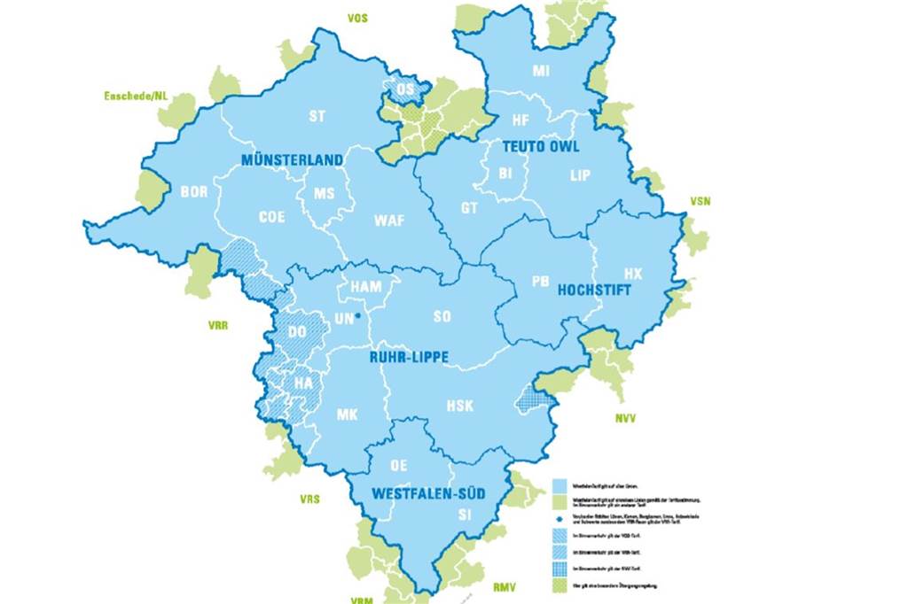 Schüler-Ticket für Werne kommt: Alles zu Kosten und Gültigkeitsraum In den hellblauen Bereichen gilt der Westfalen-Tarif.