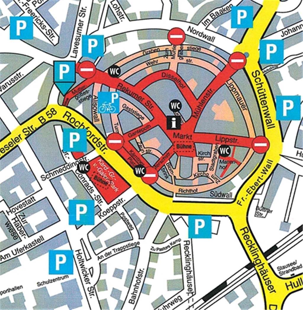 Zum Heimatfest werden viele Straßen in Halterns Innenstadt gesperrt In den rot und rosa unterlegten Bereichen ist der Autoverkehr ausgesperrt.