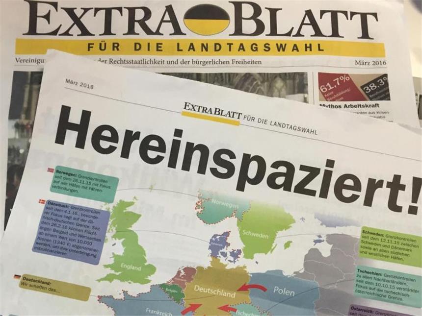 Umstrittene AfD-Wahlwerbung: Rufe nach Prüfung illegaler Spende In den vergangenen Tagen hatten Großplakate für die AfD und ein gratis verteiltes «Extrablatt» für Schlagzeilen gesorgt. Foto: Tatjana Bojic