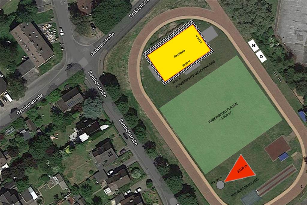 Über 440.000 Euro an Sportförderung – dafür gibt es auch einen neuen Strand In den westlichen Bereich kommt die Beachhandball-Anlage (gelb). Rot ist der neue Kugelstoßring gekennzeichnet.