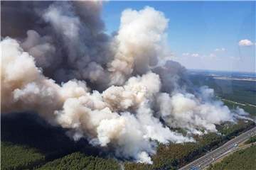 In der Nähe des Autobahndreiecks Potsdam sind rund 90 Hektar Kiefernwald in Flammen aufgegangen. Die Feuerwehr rückte mit einem Großaufgebot an. Foto: Polizei Brandenburg