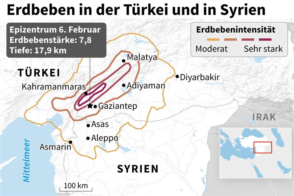 Eine Landkarte zeigt, welche Ortschaften von welcher Stärke betroffen waren. 